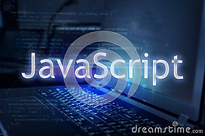 JavaScript inscription against laptop and code background. Learn JavaScript programming language, computer courses, training Stock Photo