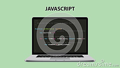 Javascript programming language illustration with laptop and java script code Vector Illustration