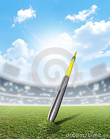 Javelin In Stadium And Green Turf Stock Photo