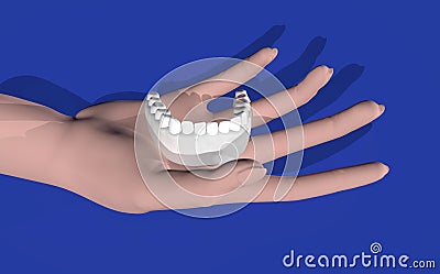 Jaw, cast of teeth, human teeth. The palms in the picture. Dentistry, periodontist. 3D-rendering Stock Photo