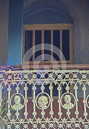 Jawahar Lal Nehru and Mahatma Gandhi figure in cast iron grillwork on balcony railing Castalrock Editorial Stock Photo