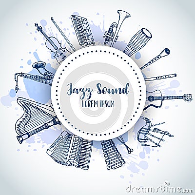 Jazz Background Music Instruments, banner design. Hand drawn drum, piaono, violin, guitar and saxophone on paint Vector Illustration