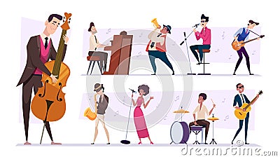 Jazz band. Cartoon musicians characters playing on guitar sax and piano performance persons exact vector set Vector Illustration