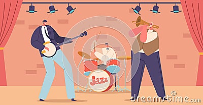 Jazz Band Character On Stage with Banjo, Drum and Trumpet Create An Electrifying Atmosphere Cartoon Vector Illustration Vector Illustration