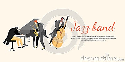 Jazz band concert banner with pianist, saxophonist and double bass player Vector Illustration