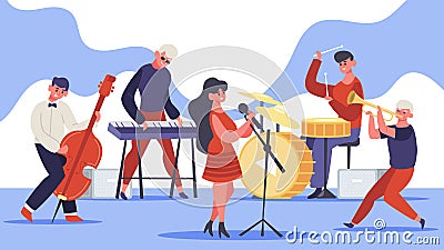 Jazz band concert. Music band musicians singing and playing guitar and drums and bass, modern jazz team. Rock band Vector Illustration