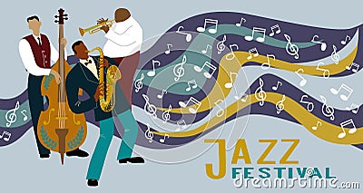 Jazz band on a decorative background with notes. Saxophonist, trombone player and cellist playing instruments. Vector Illustration