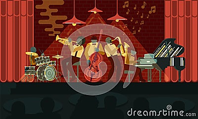 Jazz Band playing on musicail instruments piano, saxophone, double-bass, cornet and drums in Jazz Bar Vector Illustration