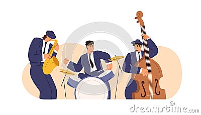 Jazz band with saxophone, drum kit and double bass. Musicians men in suits playing blues. Drummer, saxophonist and cello Vector Illustration