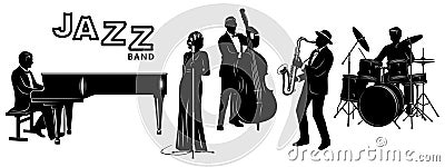 Jazz Band Silhouettes Set. Pianist, Singer, Double Bassist, Saxophonist, Drummer Vector Illustration