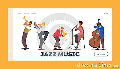 Jazz Band on Stage Performing Music Concert Landing Page Template. Artists Characters and Singer on Scene Vector Illustration