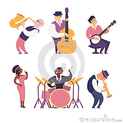 Jazz band vector colorful illustration. Cartoon jazz musicians set Vector Illustration