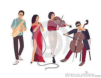 Jazz or blues music band performing on stage during concert. Elegant men and women singing song and playing musical Vector Illustration