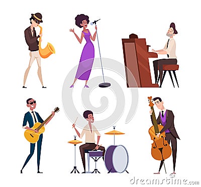 Jazz characters. Music band with eccentric guitar and saxophone players performance woman exact vector musicians Vector Illustration