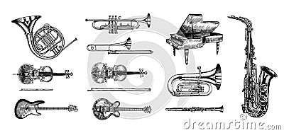 Jazz classical wind instruments set. Musical Trombone Trumpet Flute Bass guitar Semi-acoustic French horn Saxophone Vector Illustration