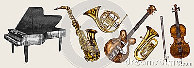 Jazz classical wind instruments set. Musical Trombone Trumpet Flute Bass guitar Semi-acoustic French horn Saxophone Vector Illustration