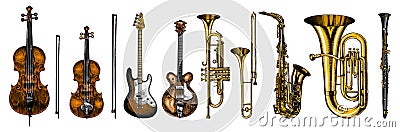 Jazz classical wind instruments set. Musical Trombone Trumpet Flute Bass guitar Semi-acoustic French horn Saxophone Vector Illustration