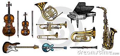 Jazz classical wind instruments set. Musical Trombone Trumpet Flute Bass guitar Semi-acoustic French horn Saxophone Vector Illustration