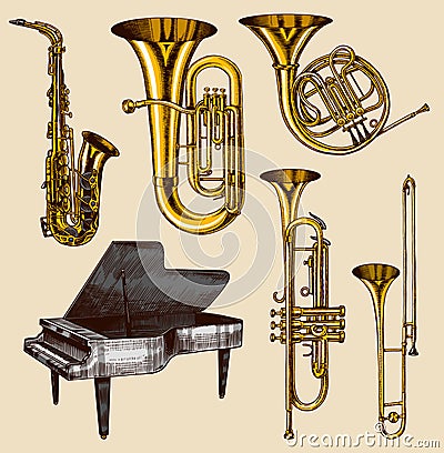 Jazz classical wind instruments set. Musical Trombone Trumpet Flute French horn Saxophone. Hand drawn monochrome Vector Illustration