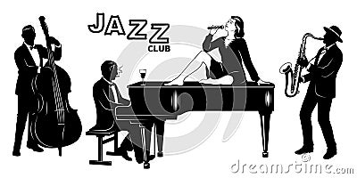 Retro Jazz Club Silhouettes Set. Singer woman sitting on a piano., Pianist, Double Bassist, Saxophonist Vector Illustration