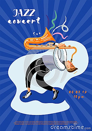 Jazz concert leaflet template. Saxophone player cartoon character Vector Illustration