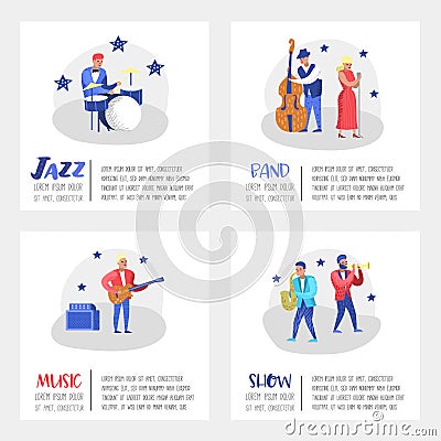 Jazz Concert Poster, Banner. Music Characters, Musical Instruments, Musicians and Singer Artists. Contrabassist Vector Illustration