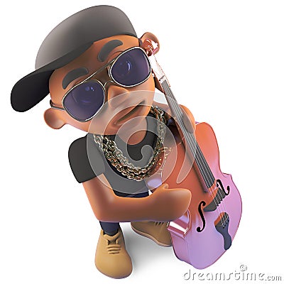 Jazz double bass playing black rapper hiphop artist, 3d illustration Cartoon Illustration