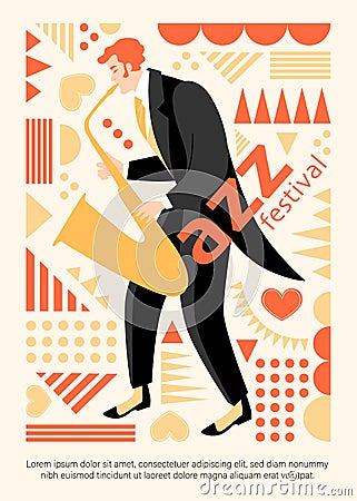 Jazz festival banner with saxophonist on a decorative background in retro style Vector Illustration