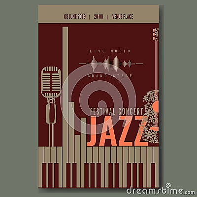 Jazz festival concert poster template design with vintage retro mike silhouette and piano keyboard and flower guitar Vector Illustration