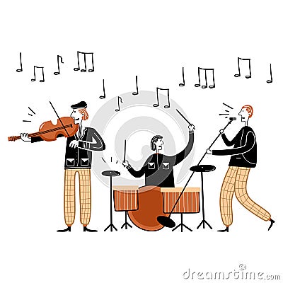 Jazz festival concert vector illustration. Cartoon flat musician characters band playing jazz music at live concert. Musician Vector Illustration