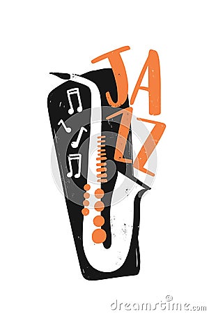 Jazz festival hand drawn illustration with typography. Saxophone, music notes and lettering composition. Wind instrument Vector Illustration