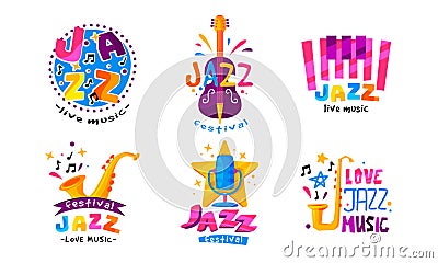 Jazz Festival or Live Concert Labels or Logos Vector Set Vector Illustration