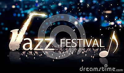 Jazz Festival Saxophone Silver City Bokeh Star Shine Blue 3D Stock Photo