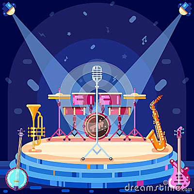 Jazz festival stage, vector flat illustration. Music instruments and spotlights equipment on scene podium Vector Illustration