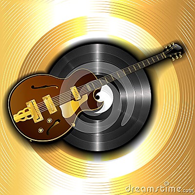 Jazz guitar and a vinyl disc on a background of gold Vector Illustration