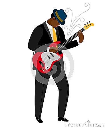 Jazz guitarist in hat with musical instrument Vector Illustration