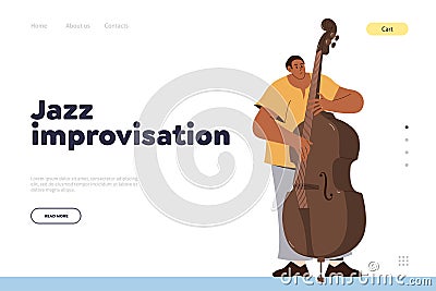 Jazz improvisation landing page design template with cartoon man contrabassist playing double bass Vector Illustration