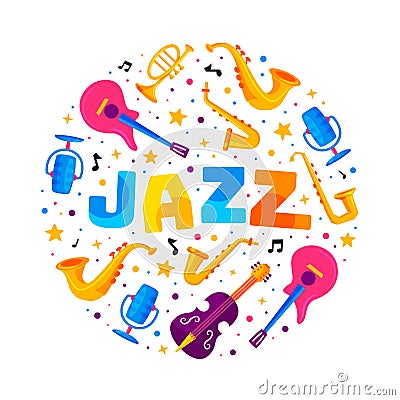 Jazz Live Music Round Composition Design with Bright Musical Instrument Vector Template Vector Illustration