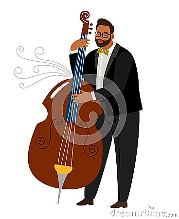 Jazz man contrabassist, vector cartoon character with instrument Vector Illustration