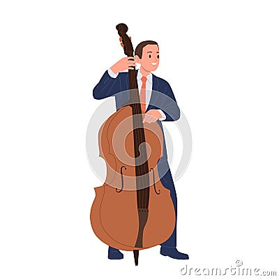 Jazz man musician cartoon character playing double-bass string music instrument isolated on white Vector Illustration