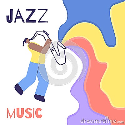 Jazz Man Saxophone Music Sound Color Flat Poster Vector Illustration