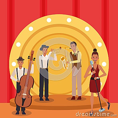 Jazz music band show in stage Vector Illustration