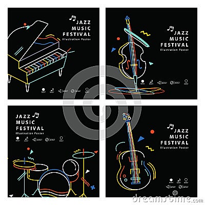 Jazz music banner poster square 4 musical instrument Vector Illustration