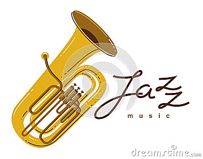 Jazz music emblem or logo vector flat style illustration isolated, tuba logotype for recording label or studio or musical Vector Illustration