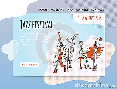 Jazz music festival, quartet in concert. Vector illutration, design template of music site, header, banner or poster. Vector Illustration