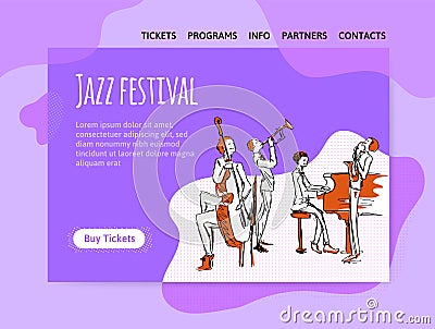 Jazz music festival, quartet in concert. Vector illutration, design template of music site, header, banner or poster. Vector Illustration