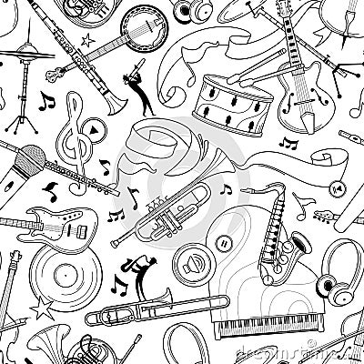 Jazz music instruments hand drawn outline seamless pattern Vector Illustration