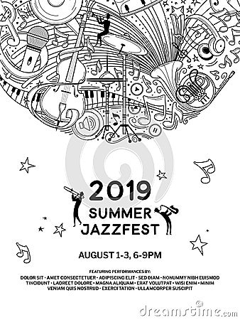 Jazz music night event poster vector outline template Vector Illustration