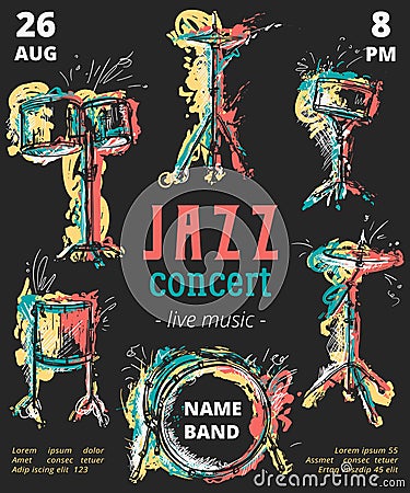 Jazz music party with drum kit with grunge watercolor splashes. Vector Illustration