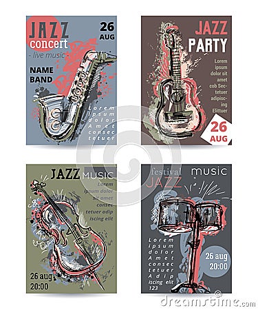 Jazz music party with musical instruments. Saxophone, guitar, cello, drum kit with grunge watercolor splashes. Vector Illustration